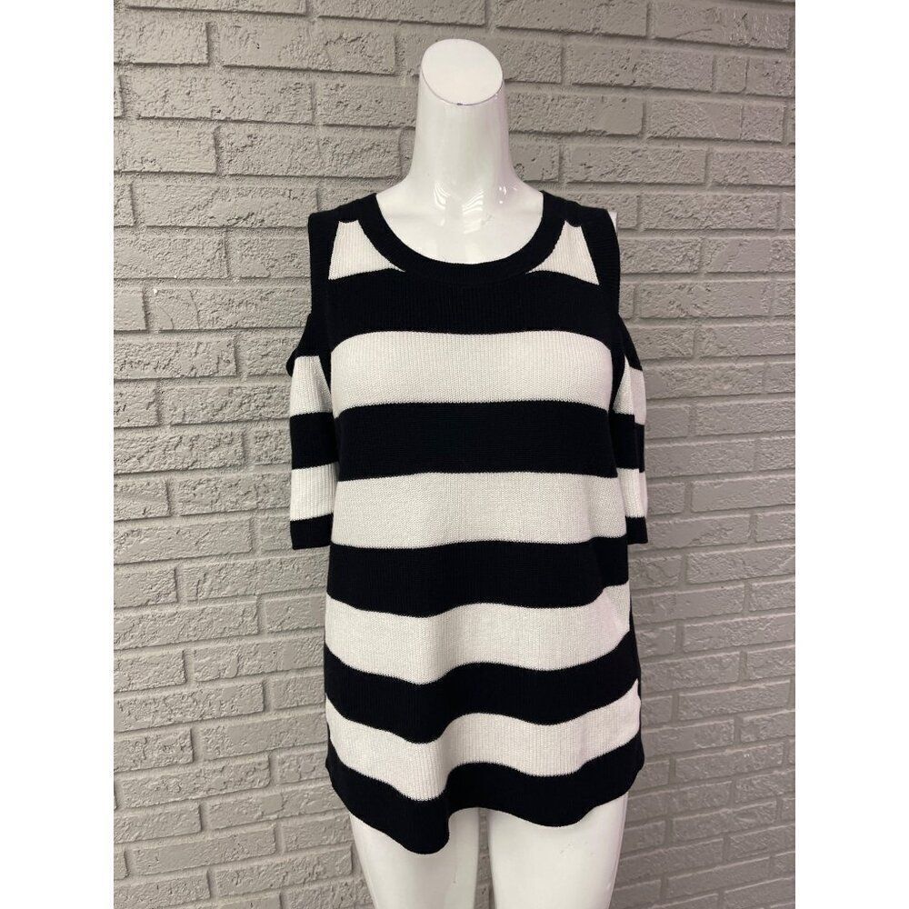 Two By Vince Camuto Women Black White Striped Cold Shoulder Knit Top Size S